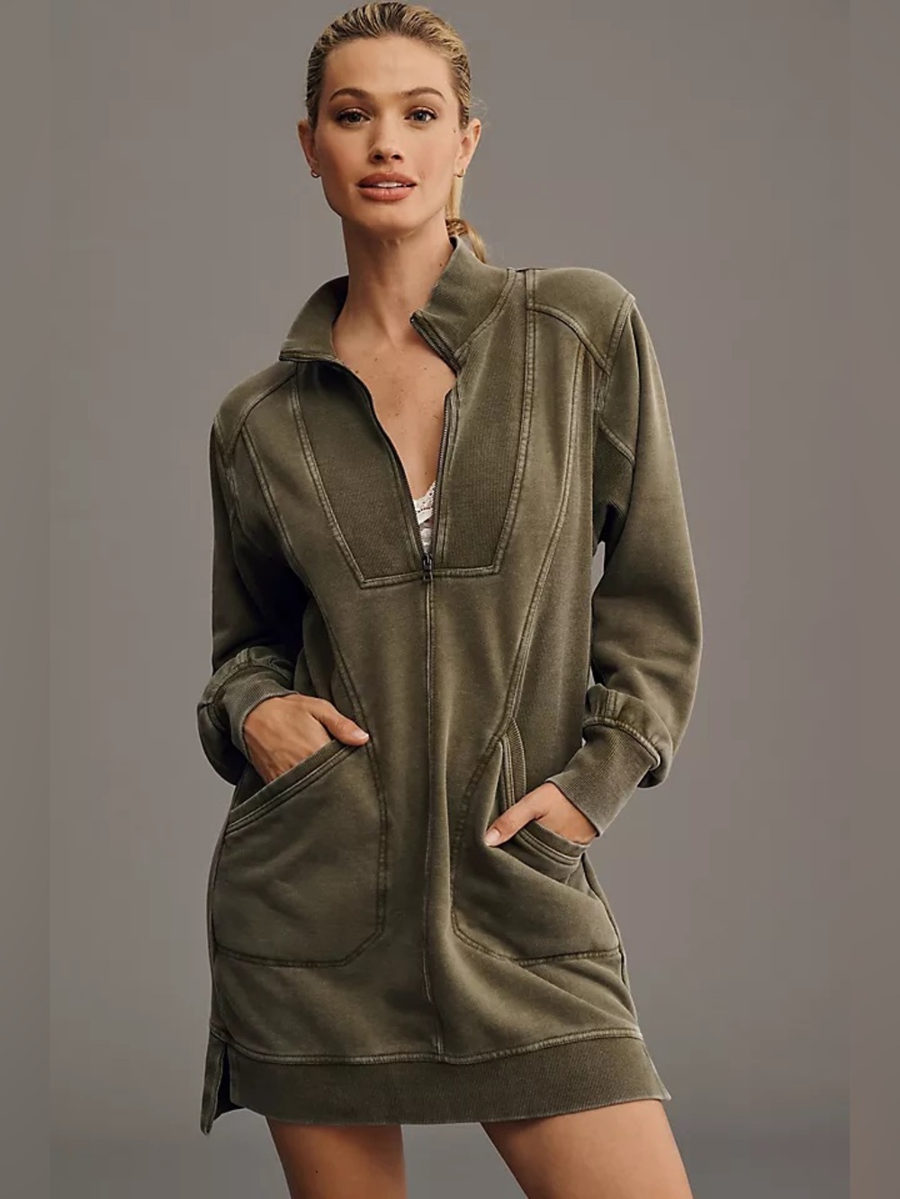 Daily Practice by Anthropologie Meru Mini Dress long sleeve olive 1/4 zip half